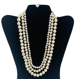 Carol Lee Triple Strand Faux Pearl Necklace Ivory Silver Tone Heart Charm 16in